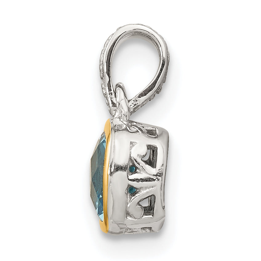 14K/Silver Two Tone Shey Couture Sterling Silver Rhod Plated With 14K Accent Polished Cushion Cut Light Swiss Blue Topaz Pendant