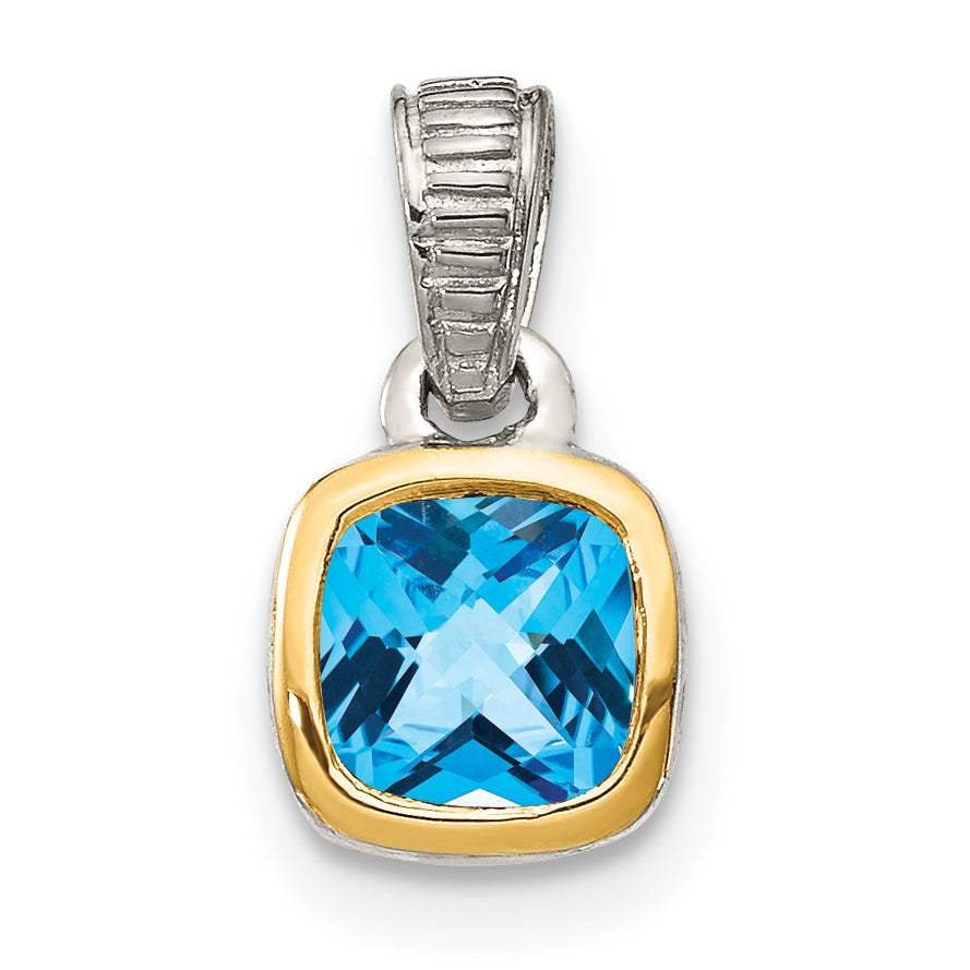 14K/Silver Two Tone Shey Couture Sterling Silver Rhod Plated With 14K Accent Polished Cushion Cut Light Swiss Blue Topaz Pendant