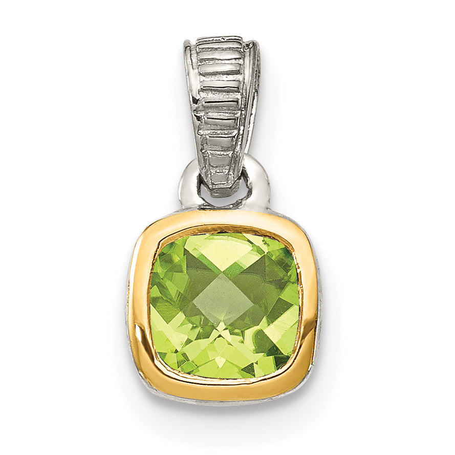 14K/Silver Two Tone Shey Couture Sterling Silver Rhodium Plated With 14K Accent Polished Cushion Cut Peridot Pendant