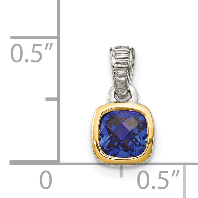 14K/Silver Two Tone Shey Couture Sterling Silver Rhodium Plated With 14K Accent Polished Cushion Cut Created Sapphire Pendant