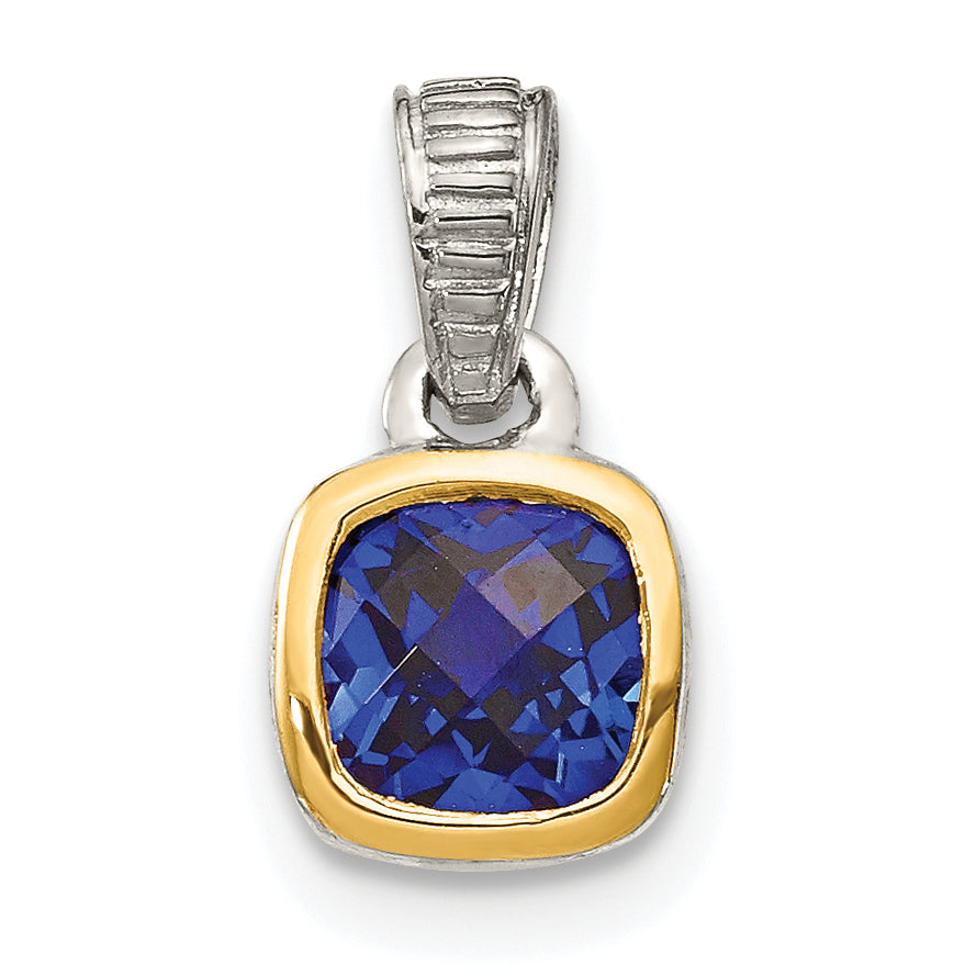 14K/Silver Two Tone Shey Couture Sterling Silver Rhodium Plated With 14K Accent Polished Cushion Cut Created Sapphire Pendant