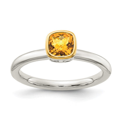 14K/Silver Two Tone Shey Couture Sterling Silver Rhodium Plated With 14K Accent Polished Cushion Cut Citrine Ring
