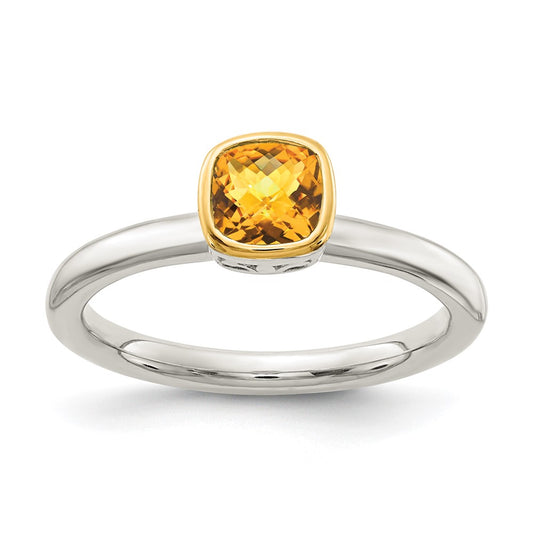 14K/Silver Two Tone Shey Couture Sterling Silver Rhodium Plated With 14K Accent Polished Cushion Cut Citrine Ring