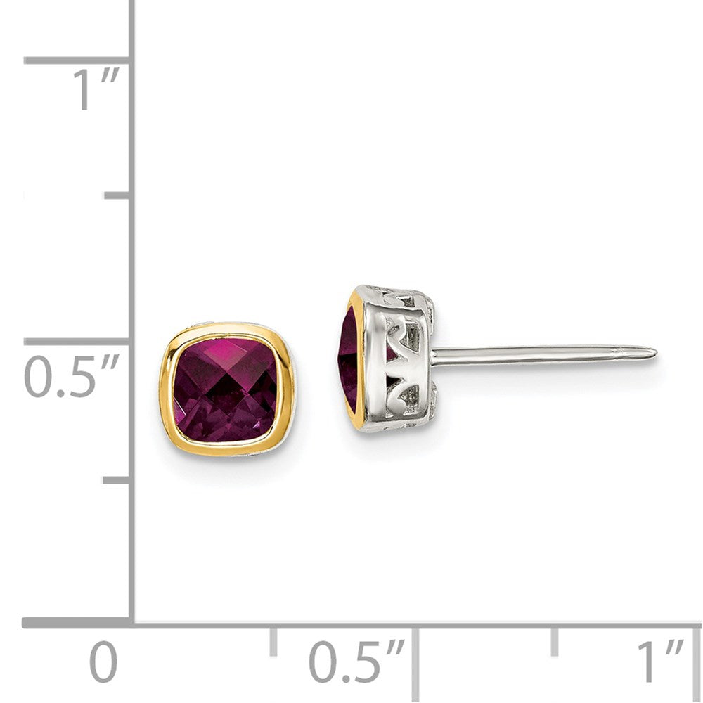 14K/Silver Two Tone Shey Couture Sterling Silver Rhodium Plated With 14K Accent Rhodolite Garnet Square Stud Earrings