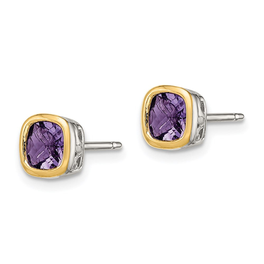 14K/Silver Two Tone Shey Couture Sterling Silver Rhodium Plated With 14K Accent Amethyst Square Stud Earrings