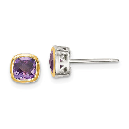 14K/Silver Two Tone Shey Couture Sterling Silver Rhodium Plated With 14K Accent Amethyst Square Stud Earrings