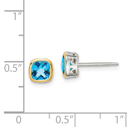 14K/Silver Two Tone Shey Couture Sterling Silver Rhodium Plated With 14K Accent Light Swiss Blue Topaz Square Stud Earrings