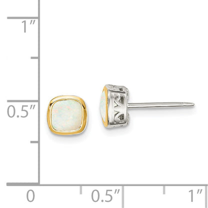 14K/Silver Two Tone Shey Couture Sterling Silver Rhodium Plated With 14K Accent Milky Opal Square Stud Earrings