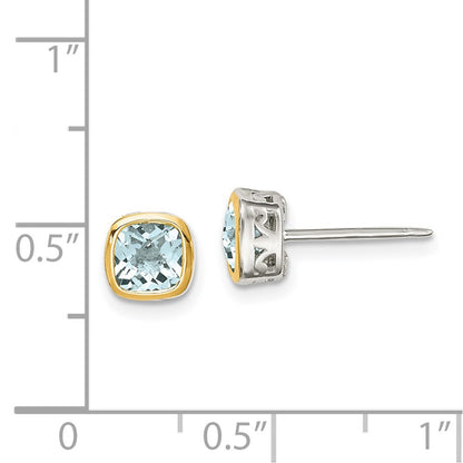 14K/Silver Two Tone Shey Couture Sterling Silver Rhodium Plated With 14K Accent Aquamarine Square Stud Earrings