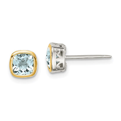 14K/Silver Two Tone Shey Couture Sterling Silver Rhodium Plated With 14K Accent Aquamarine Square Stud Earrings