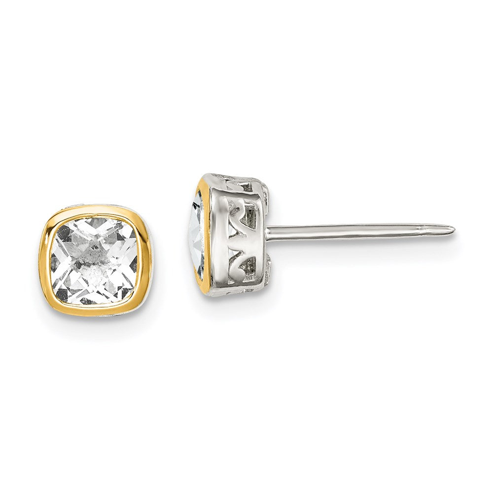 14K/Silver Two Tone Shey Couture Sterling Silver Rhodium Plated With 14K Accent White Topaz Square Stud Earrings