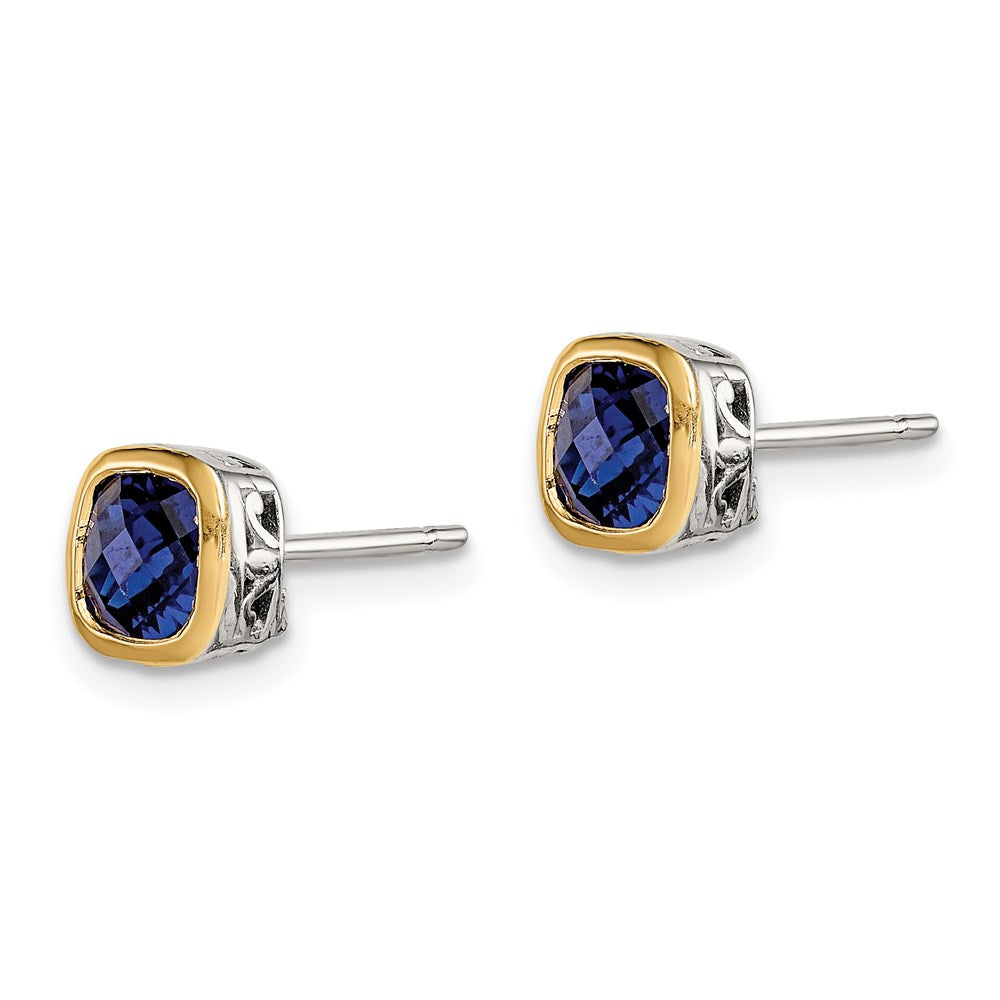 14K/Silver Two Tone Shey Couture Sterling Silver Rhodium Plated With 14K Accent Created Sapphire Square Stud Earrings