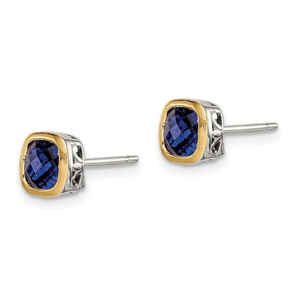 14K/Silver Two Tone Shey Couture Sterling Silver Rhodium Plated With 14K Accent Created Sapphire Square Stud Earrings