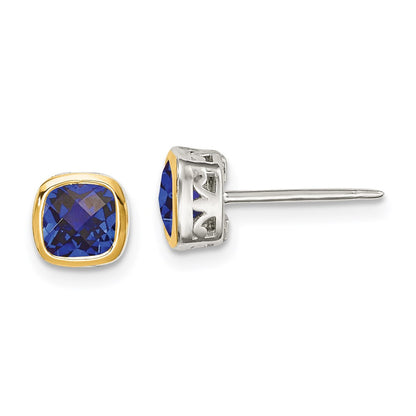 14K/Silver Two Tone Shey Couture Sterling Silver Rhodium Plated With 14K Accent Created Sapphire Square Stud Earrings