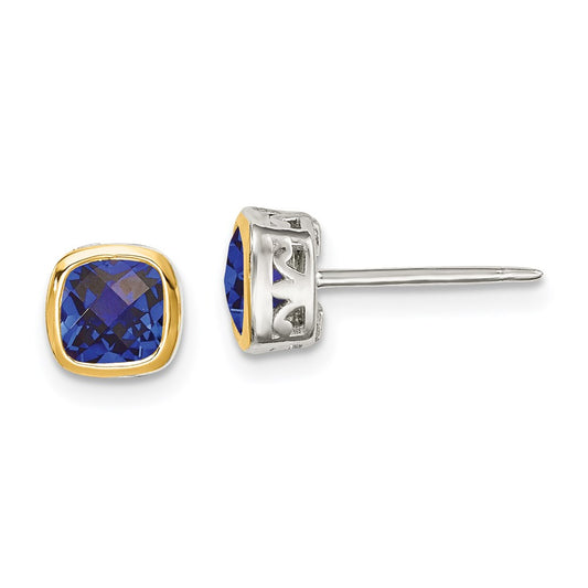 14K/Silver Two Tone Shey Couture Sterling Silver Rhodium Plated With 14K Accent Created Sapphire Square Stud Earrings