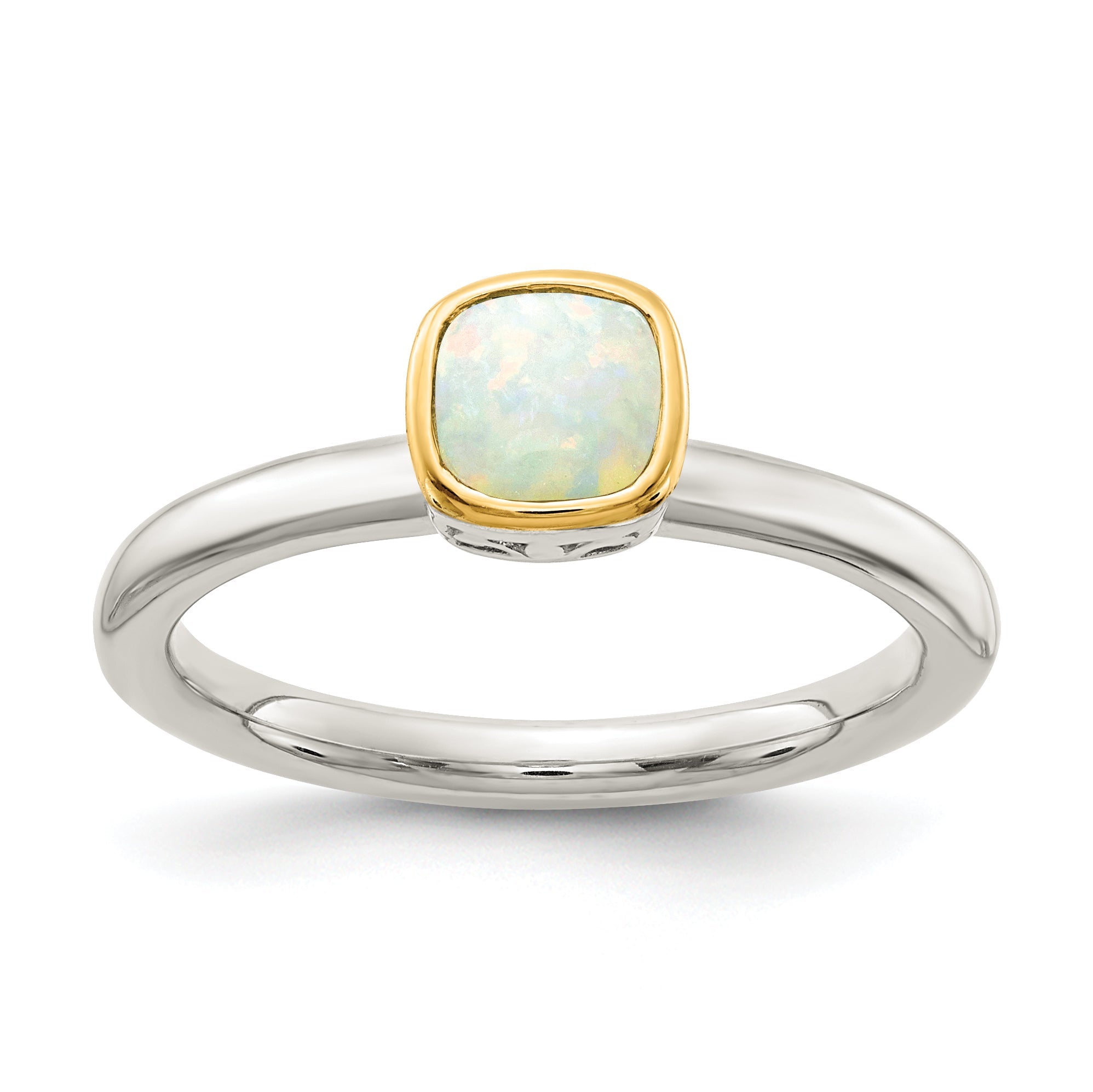 14K/Silver Two Tone Shey Couture Sterling Silver Rhodium Plated With 14K Accent Polished Cushion Cut Milky Opal Ring