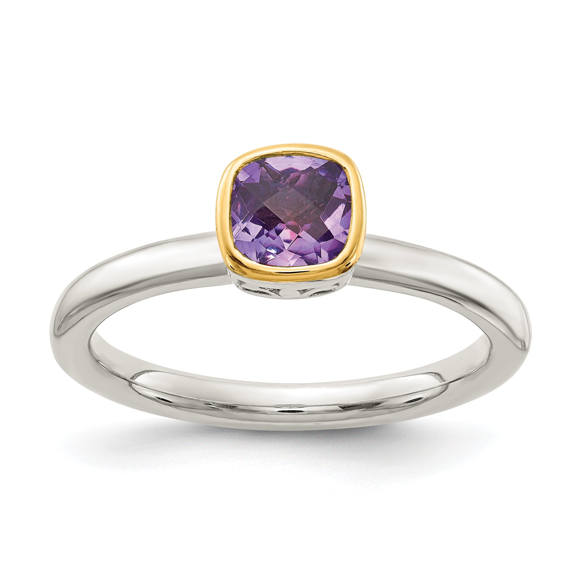 14K/Silver Two Tone Shey Couture Sterling Silver Rhodium Plated With 14K Accent Polished Cushion Cut Amethyst Ring