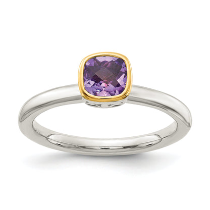 14K/Silver Two Tone Shey Couture Sterling Silver Rhodium Plated With 14K Accent Polished Cushion Cut Amethyst Ring