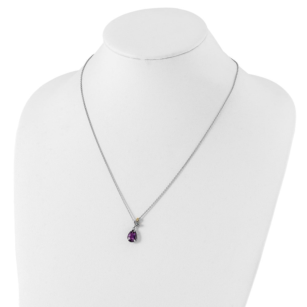 14K/Silver Two Tone Shey Couture Sterling Silver With 14K Accent 18 Inch Leaves Checkerboard Pear Shaped Amethyst Necklace 2 Extender