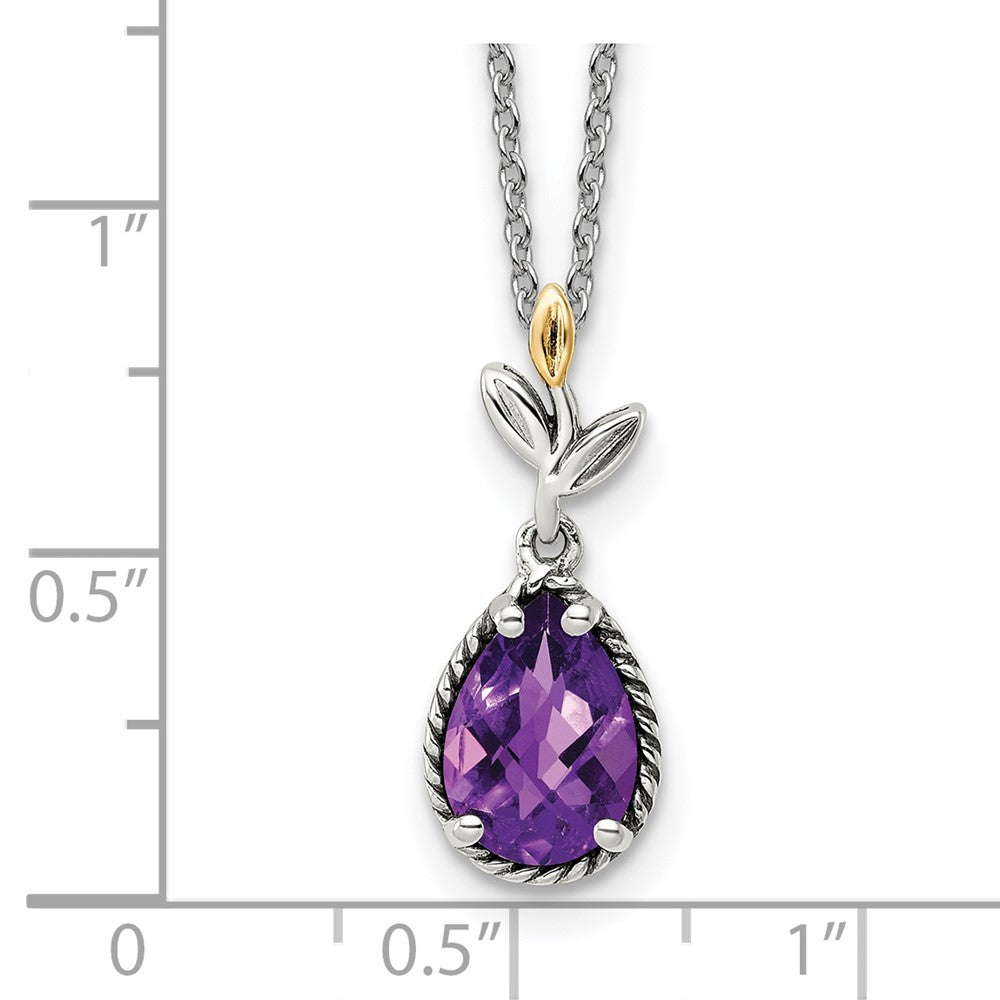14K/Silver Two Tone Shey Couture Sterling Silver With 14K Accent 18 Inch Leaves Checkerboard Pear Shaped Amethyst Necklace 2 Extender