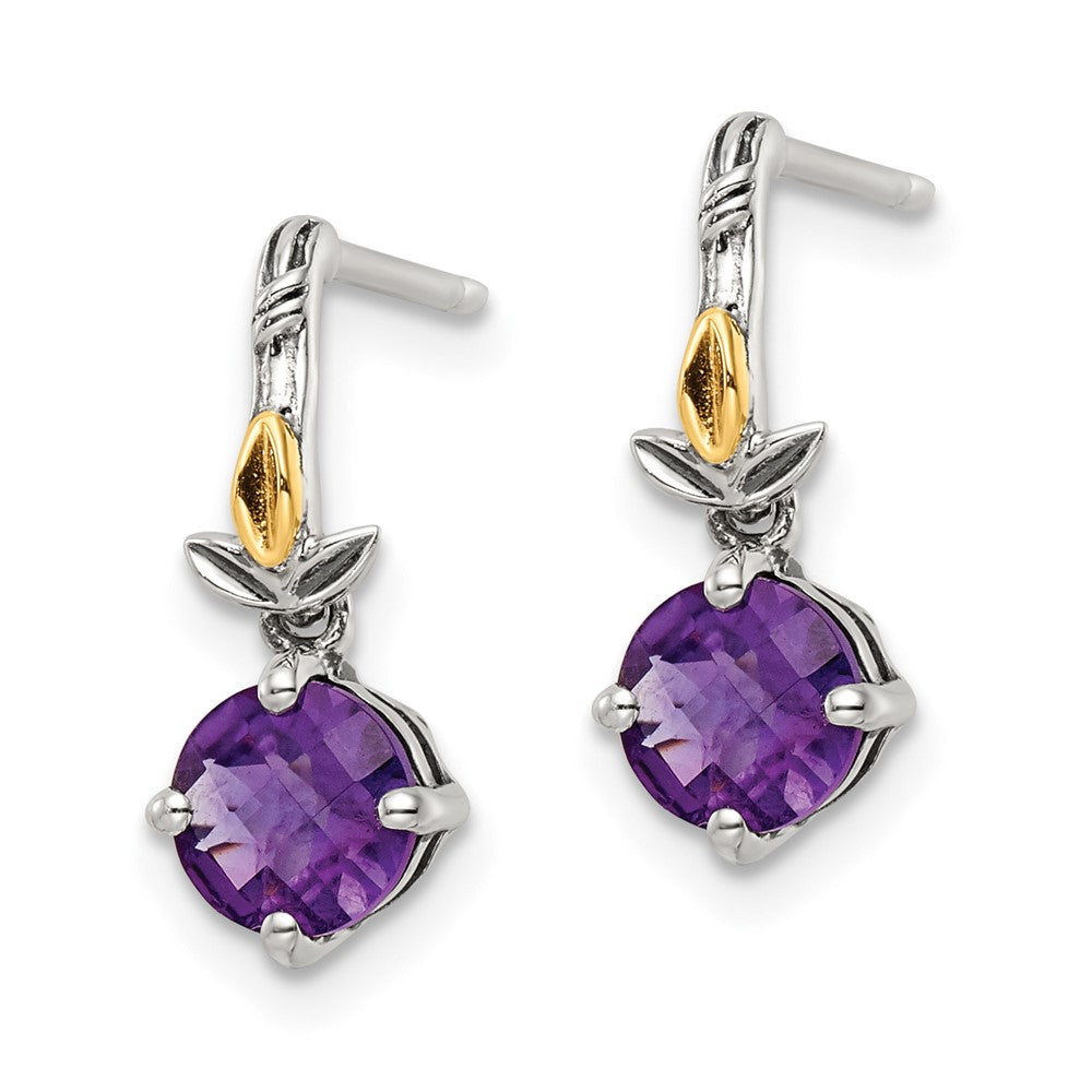 14K/Silver Two Tone Shey Couture Sterling Silver With 14K Accent Leaves Round Amethyst Dangle Post Earrings