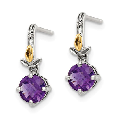 14K/Silver Two Tone Shey Couture Sterling Silver With 14K Accent Leaves Round Amethyst Dangle Post Earrings