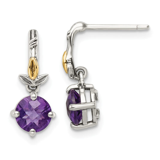 14K/Silver Two Tone Shey Couture Sterling Silver With 14K Accent Leaves Round Amethyst Dangle Post Earrings