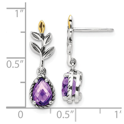 14K/Silver Two Tone Shey Couture Sterling Silver With 14K Accent Leaves Pear Shaped Checkerboard Amethyst Dangle Post Earrings