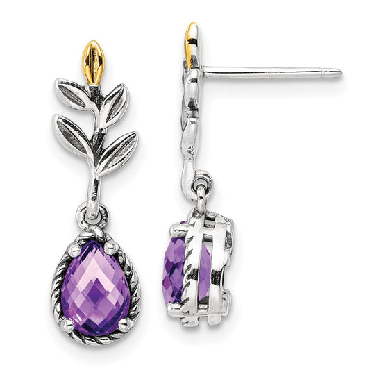14K/Silver Two Tone Shey Couture Sterling Silver With 14K Accent Leaves Pear Shaped Checkerboard Amethyst Dangle Post Earrings