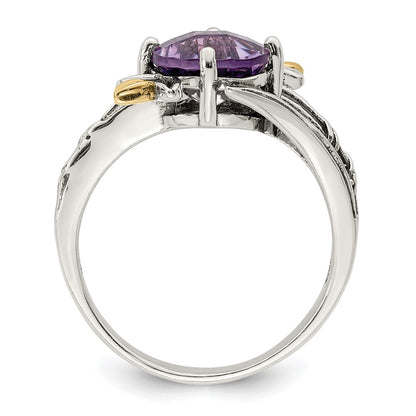 14K/Silver Two Tone Shey Couture Sterling Silver With 14K Accent Leaves Round Amethyst Ring (Size 6 Only)