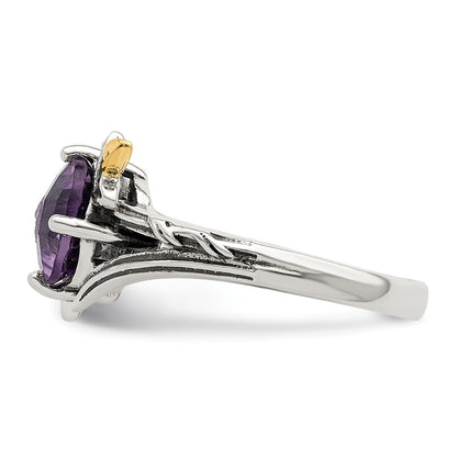 14K/Silver Two Tone Shey Couture Sterling Silver With 14K Accent Leaves Round Amethyst Ring (Size 6 Only)