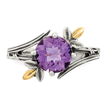 14K/Silver Two Tone Shey Couture Sterling Silver With 14K Accent Leaves Round Amethyst Ring (Size 6 Only)