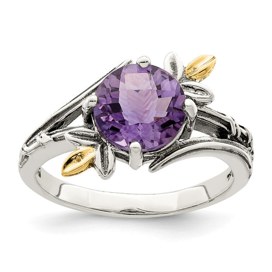 14K/Silver Two Tone Shey Couture Sterling Silver With 14K Accent Leaves Round Amethyst Ring (Size 6 Only)