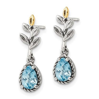 14K/Silver Two Tone Shey Couture Sterling Silver With 14K Accent Antiqued Leaves Pear Shaped Checkerboard Light Swiss Blue Topaz Post Dangle Earrings
