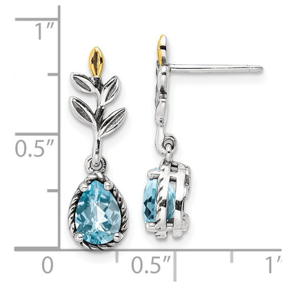 14K/Silver Two Tone Shey Couture Sterling Silver With 14K Accent Antiqued Leaves Pear Shaped Checkerboard Light Swiss Blue Topaz Post Dangle Earrings