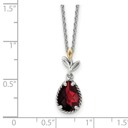 14K/Silver Two Tone Shey Couture Sterling Silver With 14K Accent 18 Inch Antiqued Leaves Pear Shaped Checkerboard Garnet Necklace 2 Extender