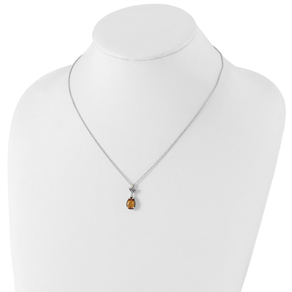 14K/Silver Two Tone Shey Couture Sterling Silver With 14K Accent 18 Inch Antiqued Leaves Pear Shaped Citrine Necklace