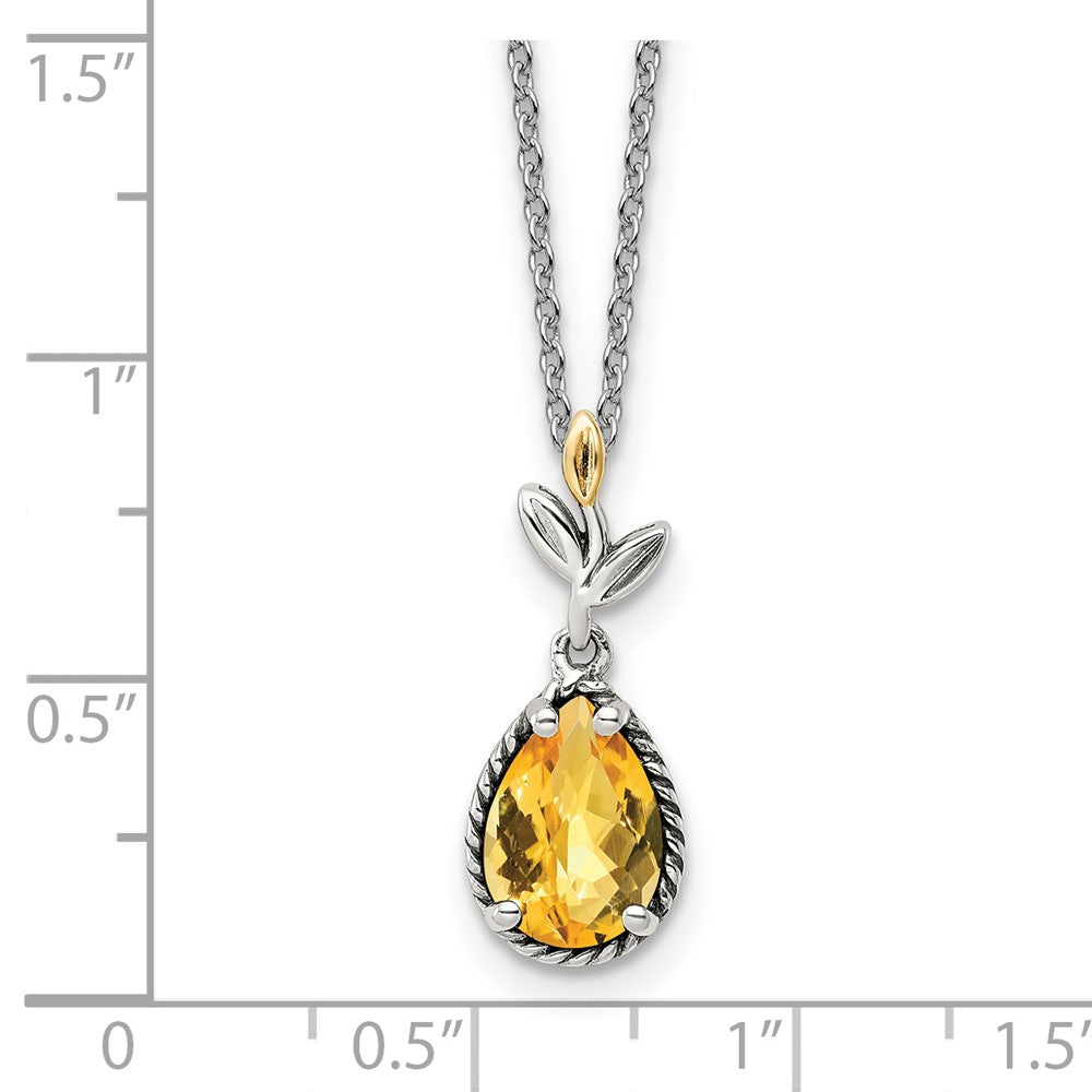 14K/Silver Two Tone Shey Couture Sterling Silver With 14K Accent 18 Inch Antiqued Leaves Pear Shaped Citrine Necklace