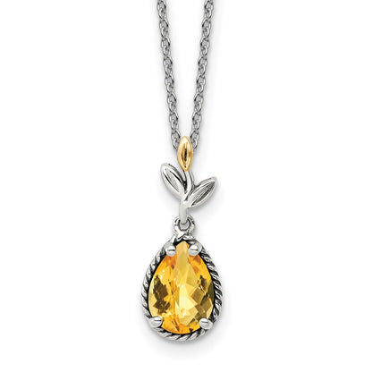 14K/Silver Two Tone Shey Couture Sterling Silver With 14K Accent 18 Inch Antiqued Leaves Pear Shaped Citrine Necklace