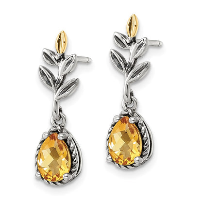 14K/Silver Two Tone Shey Couture Sterling Silver With 14K Accent Antiqued Leaf Pear Shaped Citrine Dangle Post Earrings