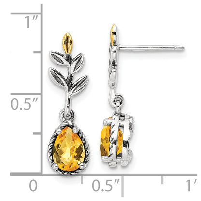 14K/Silver Two Tone Shey Couture Sterling Silver With 14K Accent Antiqued Leaf Pear Shaped Citrine Dangle Post Earrings