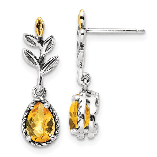 14K/Silver Two Tone Shey Couture Sterling Silver With 14K Accent Antiqued Leaf Pear Shaped Citrine Dangle Post Earrings