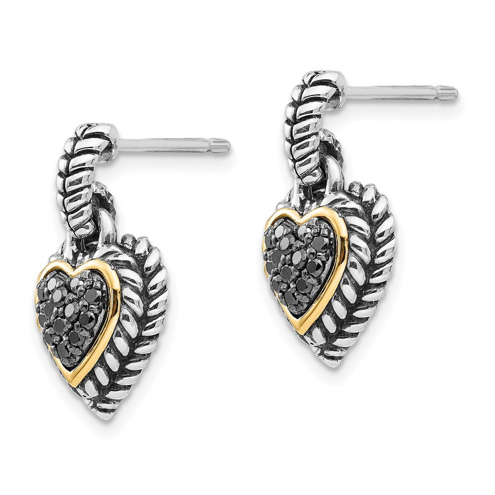14K/Silver Two Tone Shey Couture Sterling Silver With 14K Accent Antiqued Black Diamond Dangle Post Heart Earrings