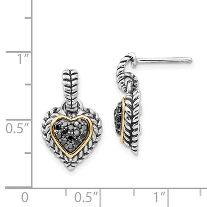 14K/Silver Two Tone Shey Couture Sterling Silver With 14K Accent Antiqued Black Diamond Dangle Post Heart Earrings