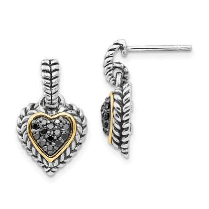 14K/Silver Two Tone Shey Couture Sterling Silver With 14K Accent Antiqued Black Diamond Dangle Post Heart Earrings