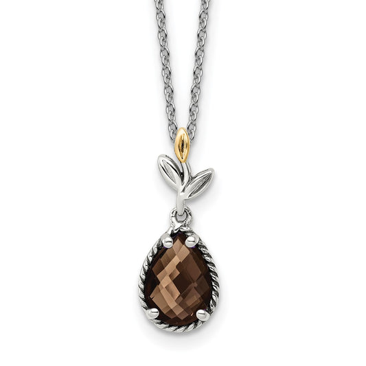 14K/Silver Two Tone Shey Couture Sterling Silver With 14K Accent 18 Inch Leaves Pear Shaped Checkerboard Smoky Quartz Necklace 2 Extender