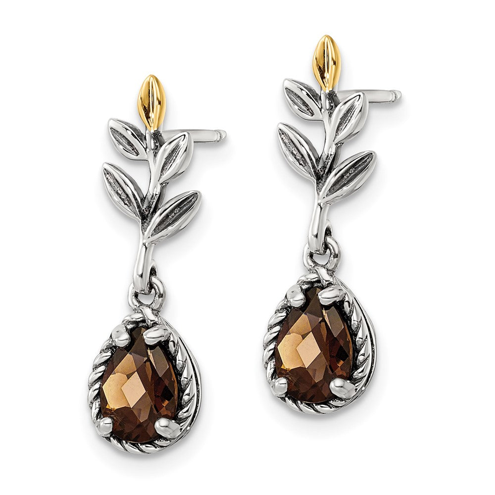 14K/Silver Two Tone Shey Couture Sterling Silver With 14K Accent Leaves Pear Shaped Checkerboard Smoky Quartz Dangle Post Earrings