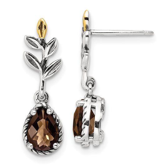 14K/Silver Two Tone Shey Couture Sterling Silver With 14K Accent Leaves Pear Shaped Checkerboard Smoky Quartz Dangle Post Earrings