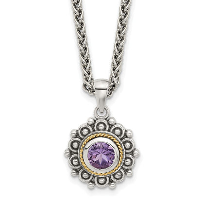 Sterling Silver w/14K/Silver Two-Tone Antiqued and Amethyst 18in Necklace
