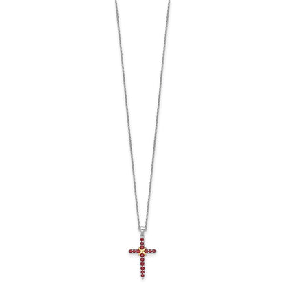 Sterling Silver Rhodium-Plated w/14K/Silver Two-Tone Accent Garnet Cross Necklace